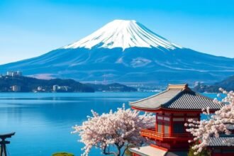 A Fudzsi-hegy és sakura virágzás Hakone városában, Japánban.