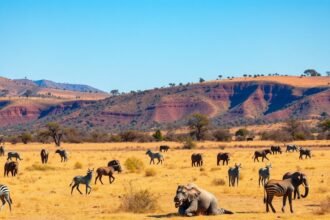 Dél-afrikai szafari táj, elefántok és zebrák a napsütésben