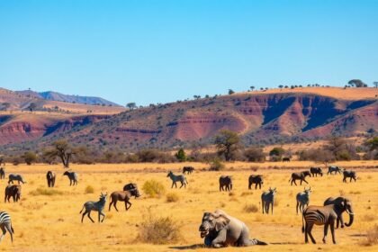 Dél-afrikai szafari táj, elefántok és zebrák a napsütésben