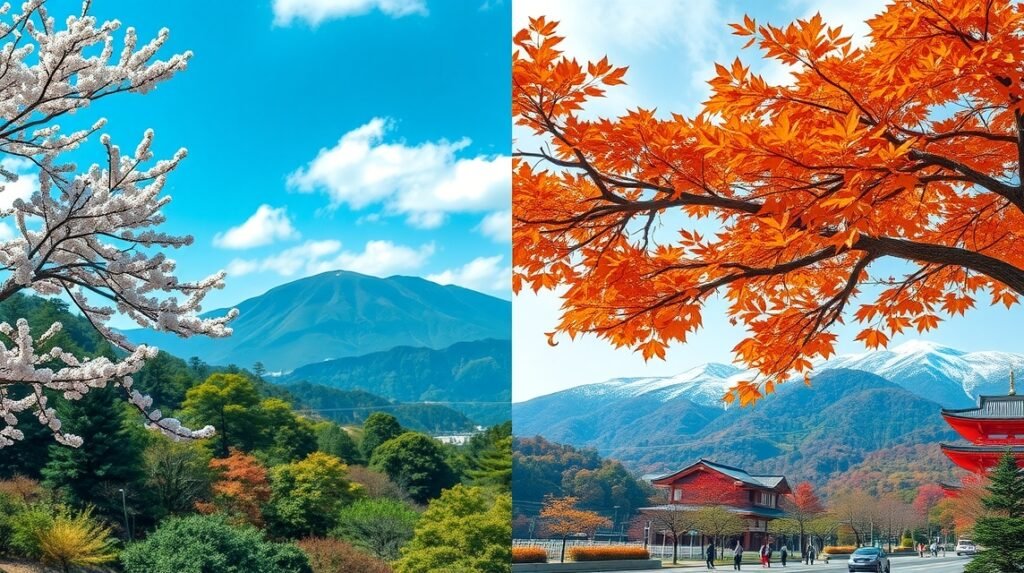 Tavaszi cseresznye virágzás és őszi falevelek Hakone-ban, Japánban.