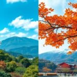 Tavaszi cseresznye virágzás és őszi falevelek Hakone-ban, Japánban.