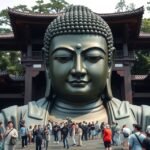 A Nagy Buddha szobra Kamakurában, japán turistákkal a háttérben
