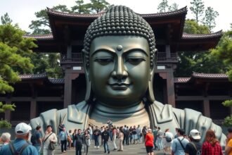A Nagy Buddha szobra Kamakurában, japán turistákkal a háttérben