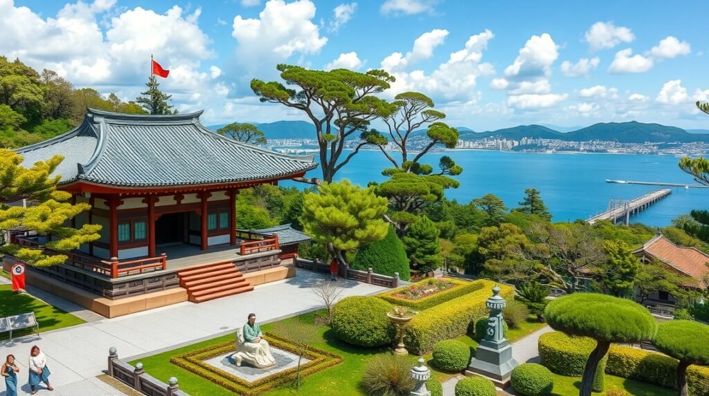 A Hasedera templom kilátása Kamakurából az Enoshima és Sagami-öbölre.