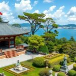 A Hasedera templom kilátása Kamakurából az Enoshima és Sagami-öbölre.