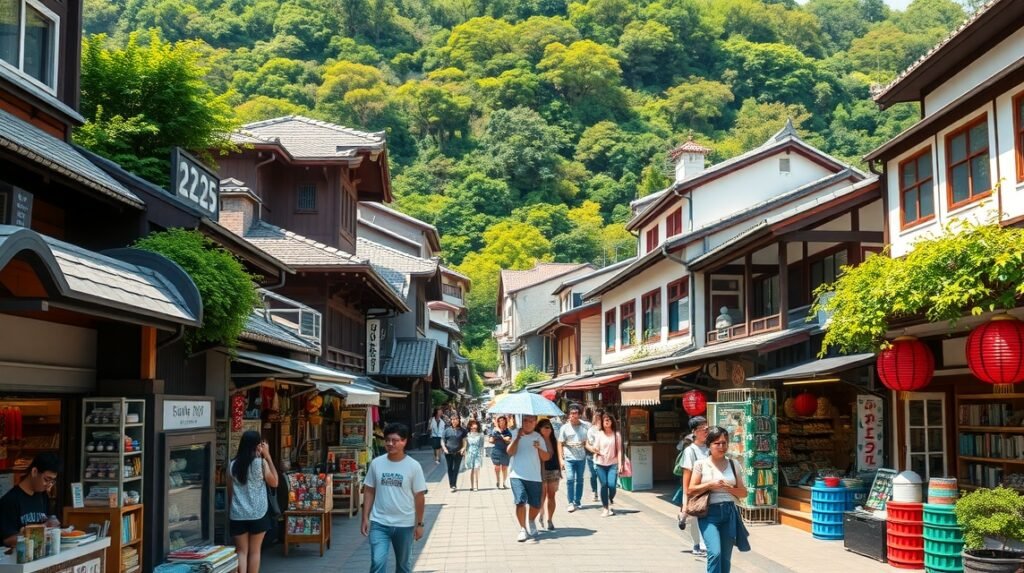 Komachi-dori nyüzsgő bevásárlóutcájának hangulata Kamakurában