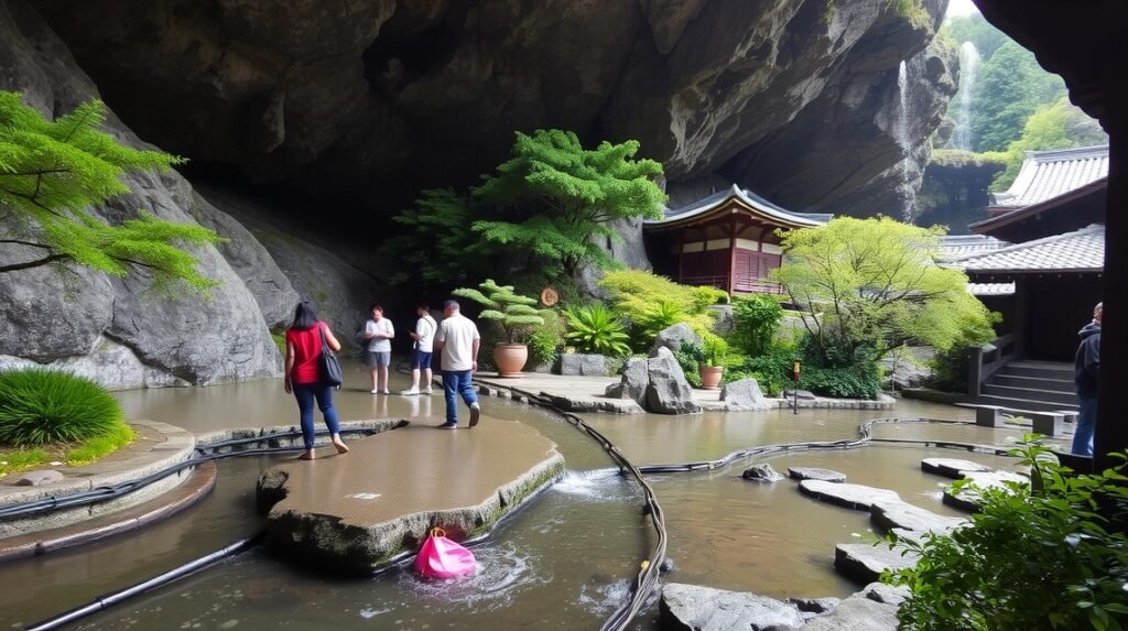 Zeniarai Benten szentély Kamakurában, természetes barlang környezetben.