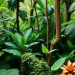 Costa Rica buja esőerdője trópusi növényekkel és virágokkal.