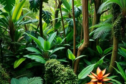 Costa Rica buja esőerdője trópusi növényekkel és virágokkal.