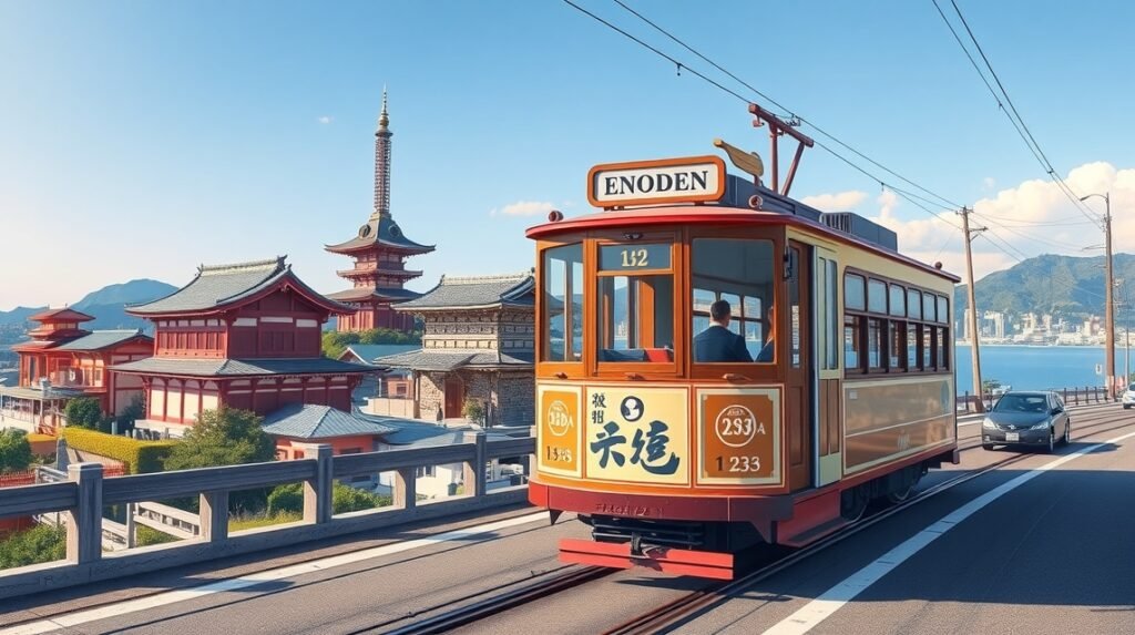 Retró Enoden villamos Kamakura festői környezetben