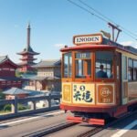 Retró Enoden villamos Kamakura festői környezetben