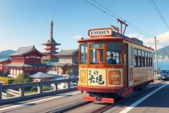 Retró Enoden villamos Kamakura festői környezetben