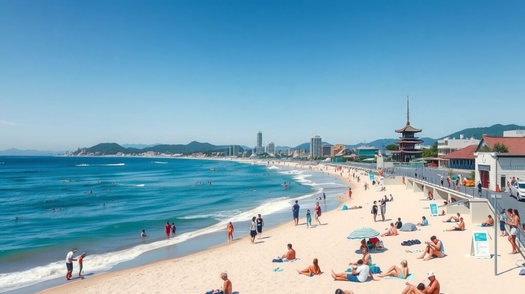 Yuigahama strand Kamakurában, napsütéses tengerpart és pihenő emberek.