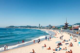 Yuigahama strand Kamakurában, napsütéses tengerpart és pihenő emberek.