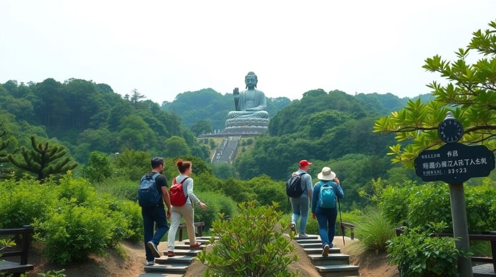 Túra a Daibutsu hegyi ösvényen, Kamakura híres Nagy Buddha szobra.