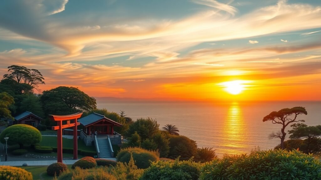 Naplemente az Inamuragasaki parkban, Kamakurában, Japánban.