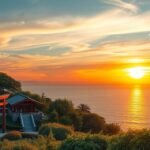 Naplemente az Inamuragasaki parkban, Kamakurában, Japánban.