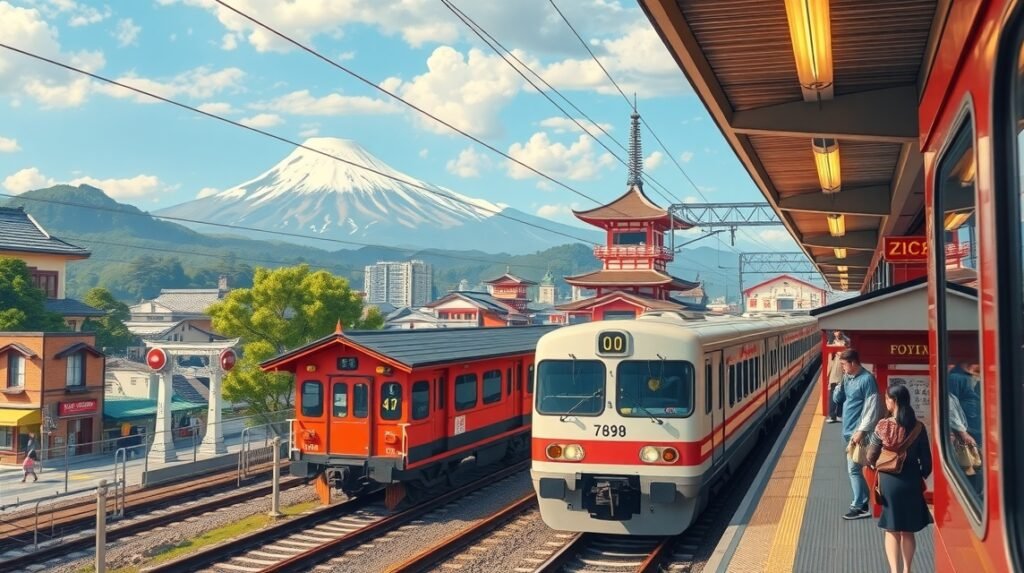 Kamakura állomás, vonatok a Fuji hegy háttérben.