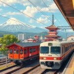 Kamakura állomás, vonatok a Fuji hegy háttérben.