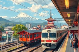 Kamakura állomás, vonatok a Fuji hegy háttérben.