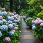 Színes hortenzia virágokkal díszített ösvény Kamakurában.