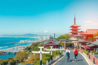 Két kerékpáros felfedezi Kamakurát a tengerpart mellett