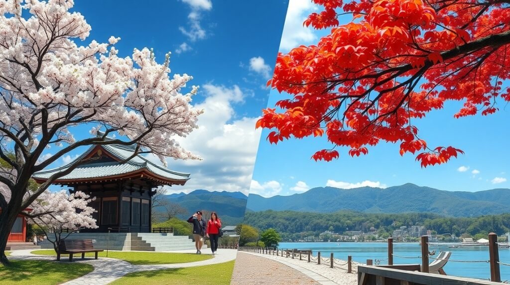 Kamakura gyönyörű tája cseresznyevirágzással és őszi lombokkal.