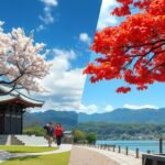 Kamakura gyönyörű tája cseresznyevirágzással és őszi lombokkal.