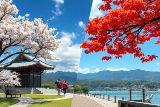 Kamakura gyönyörű tája cseresznyevirágzással és őszi lombokkal.