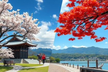 Kamakura gyönyörű tája cseresznyevirágzással és őszi lombokkal.