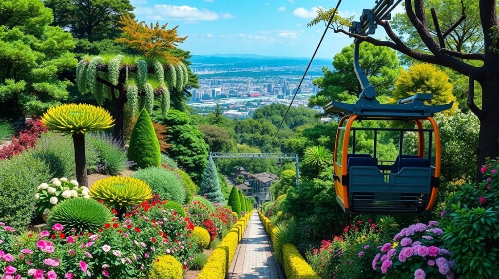 Kóbe Nunobiki Herb Gardens virágzó tája és libegő kilátás