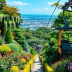 Kóbe Nunobiki Herb Gardens virágzó tája és libegő kilátás