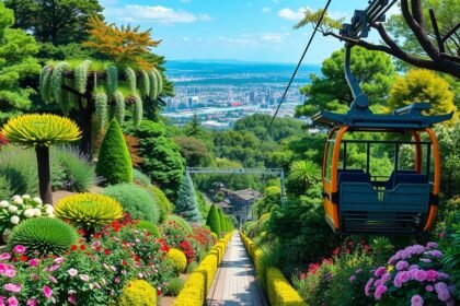 Kóbe Nunobiki Herb Gardens virágzó tája és libegő kilátás