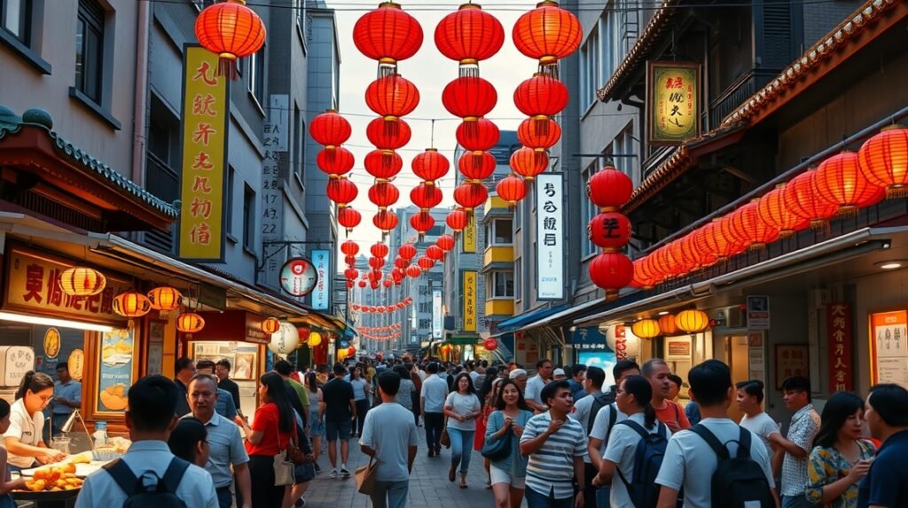 Kóbe Nankinmachi kínai negyed fényképe piros lampionokkal