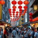 Kóbe Nankinmachi kínai negyed fényképe piros lampionokkal