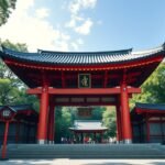 Ikuta szentély belépőkapuja Kóbe belvárosában, Japánban.