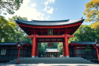 Ikuta szentély belépőkapuja Kóbe belvárosában, Japánban.