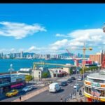 Kóbe Harborland modern épületei és tengerparti panoráma