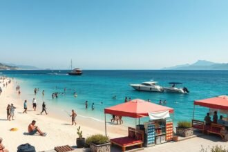 Napos tengerparton emberek pihennek és úsznak, Ksamil, Albánia