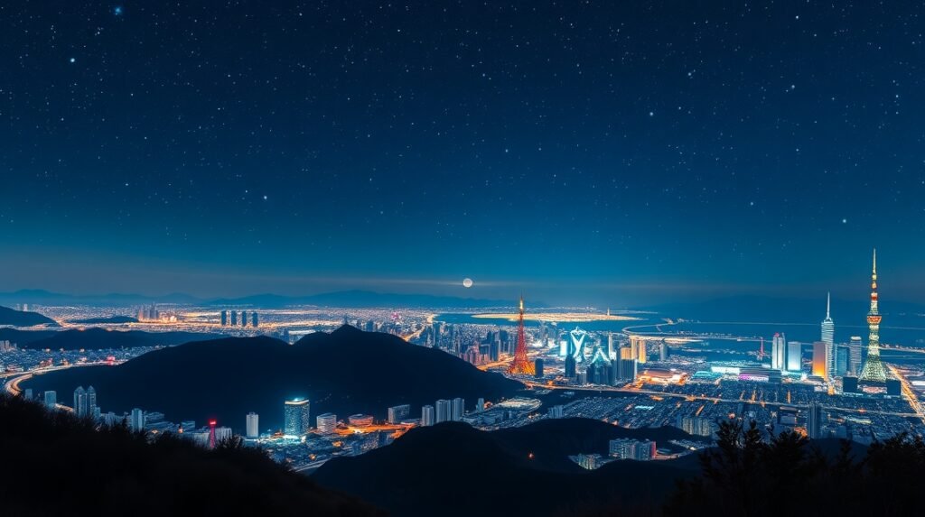 Kóbe éjszakai panoráma a Rokko-hegyről, csillagokkal az égen