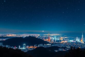 Kóbe éjszakai panoráma a Rokko-hegyről, csillagokkal az égen