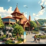 Kóbe Állatkirályság bejárata egzotikus állatokkal és felnőttek, gyerekek látogatásával.