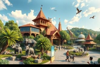 Kóbe Állatkirályság bejárata egzotikus állatokkal és felnőttek, gyerekek látogatásával.