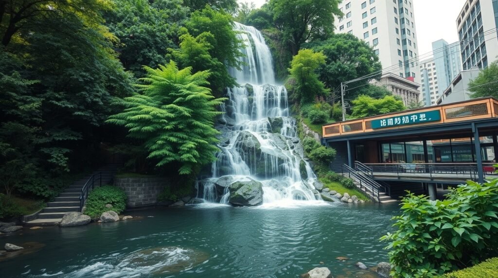 Nunobiki vízesés Kóbe városában, zöld növényekkel körülvéve.