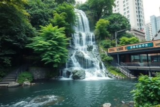 Nunobiki vízesés Kóbe városában, zöld növényekkel körülvéve.