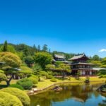 A Sorakuen japán kert békés tája Kobéban, gondosan megtervezett fák és tavak.