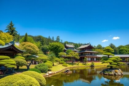 A Sorakuen japán kert békés tája Kobéban, gondosan megtervezett fák és tavak.