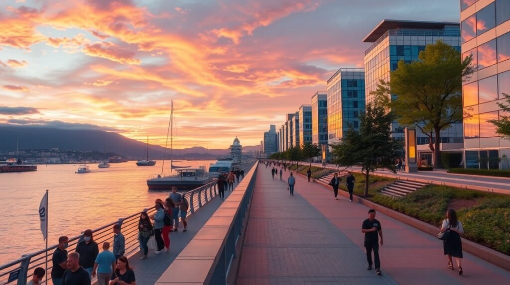 Kóbe tengerparti sétány naplementében, emberek sétálnak a víz mellett.