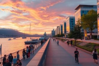 Kóbe tengerparti sétány naplementében, emberek sétálnak a víz mellett.