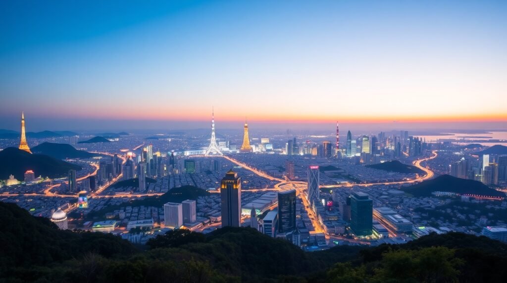 Kóbe város panorámája a Maya-hegyről, késő esti fényekben.